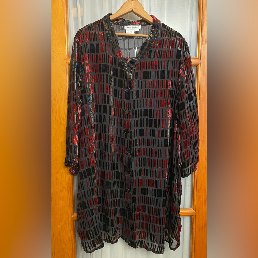 Ulla Popken Black and Red Sheer Burnout Velvet Women's Tunic Top 24